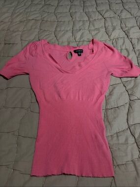 bebe Bright Pink Short-Sleeve Knit Top with Keyhole Neck